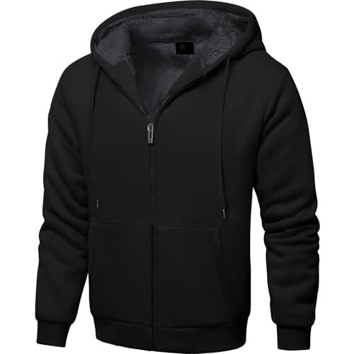 ZITY Men's Zip Up Hoodie Heavyweight Winter Sweatshirt Fleece Sherpa Lined Warm Jacket Jet Black Medium