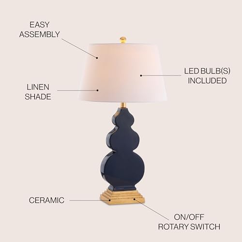 JONATHAN Y 29" Navy Blue/Gold Ceramic Table Lamp for Bedroom Modern Bedside Lamp, White Linen Shade, Mid-Century Triple Gourd Desk Lamp for Office, LED Bulb Included JYL3018A by JONATHAN Y - Image 4