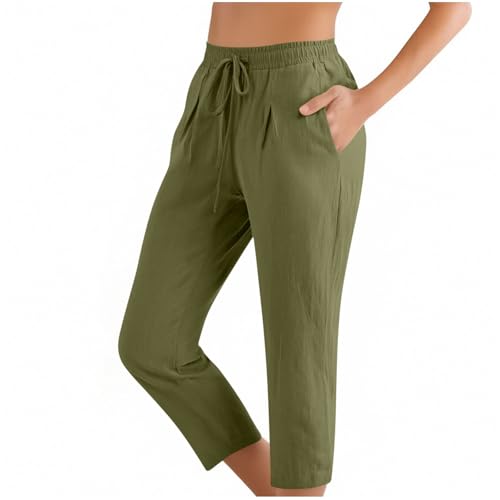 Image of ABABC Linen Capri Pants for Women Casual Straight Wide Leg Capri Pant Loose Lightweight Drawstring Beach Cropped Trousers