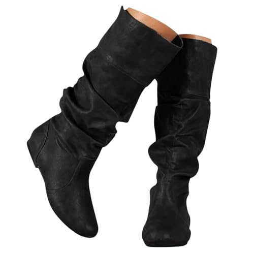 Mid Calf Boots for Women No Heel,Women's Slouchy Flat Boots Pull On Round Toe Fall and Winter Fashion Comfortable Booties for Woman Ladies