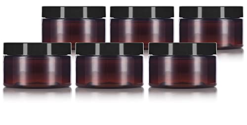 4 oz Amber PET Plastic (BPA Free) Refillable Low Profile Jar with Black Smooth Lids (6 pack)