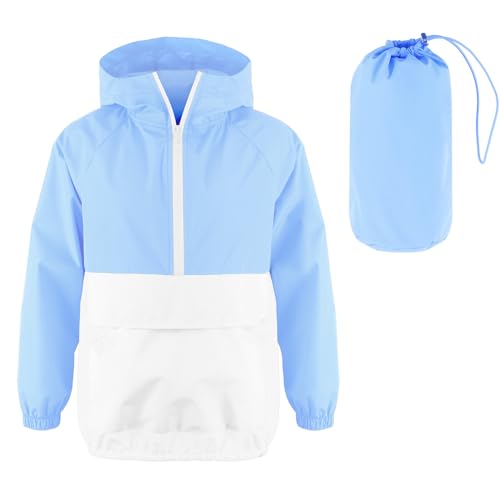 MODAFANS Girls Boys Rain Jacket Lightweight Waterproof Packable Hooded Half zip RainCoats Windbreaker for Outdoor 4-13Year