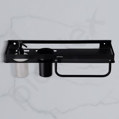 Image of Plantex 4in1 Bathroom Shelf for Wall /Stainless Steel Multifunctional Rack for Bathroom with Tumbler Holder /Liquid Soap Dispenser /Napkin Holder /Bathroom Accessories Set (Matt Black)