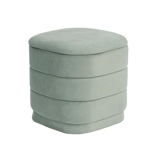 Image of 15 inch Velvet Storage Ottoman with Tray, Foldable Square Ottoman Footrest with Reversible Wood Lid, Collapsible Storage Footstool for Bedroom, Living Room, Dorm, Sage Green