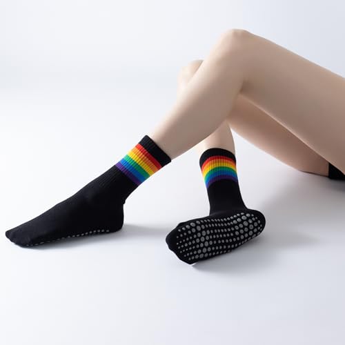 Yoga Pilates Socks with Grips for Women Striped Cushioned Non Slip Crew Socks for Barre Ballet Dance4