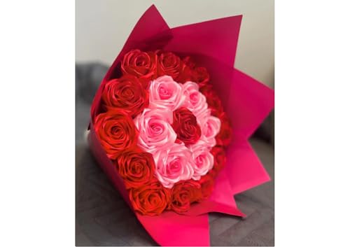 Image of Handcrafted Satin Rose Bouquet Handmade Flowers, Decorative Ribbon Bow for Valentine's Day, Wedding, Home Decor, Anniversary, Birthday with 4 Personalized poloroid photo (Red and Pink)