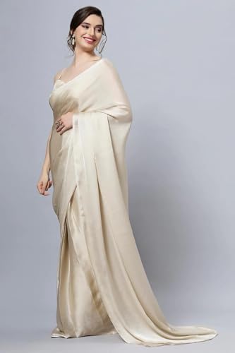 Image of FABIAN FASHION Women's Solid Japan Satin Silk Saree With Unstitched Blouse Piece for Wedding Saree