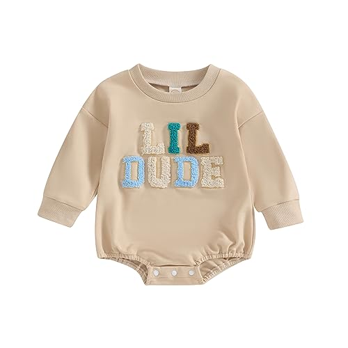 Newborn Baby Boy Fall Clothes Long Sleeve Bubble Romper Onesie Little Dude Infant Winter Outfit (A Khaki Little Dude, 0-3 Months)