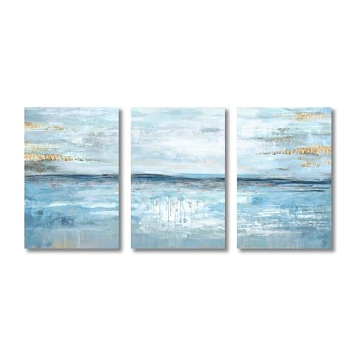 Tableau triptyque océan bleu et or 40x60cm pour décoration murale