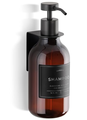 Shower Shampoo Dispenser Wall Mounted – Refillable 16.9 oz Amber Bottle with Stainless Steel Pump & No-Drill Adhesive Holder – Soap Dispenser for Bathroom (1 X Amber/Black) - image 1