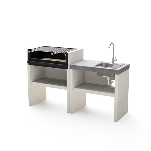 MAESTRO FERRETERO TUOZI - Pack 4 – VENIT Flex – Barbacoa de Obra para Leña y Carbón, Conjunto Modular en Hormigón Texturizado con Parrilla de Acero y Fregadero (156 x 47 x 95 cm)