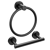 FORIOUS Matte Black Toilet Paper Holder Wall Mount, SUS304 Stainless Steel Double Post Pivoting Tissue Roll Holder and Hand Towel Ring Set for Bathroom, RV, Bathroom Hardware Accessories Set