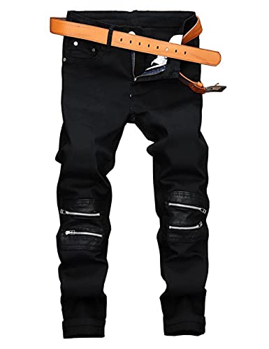 Men's Ripped Patchwork Pleated Stretch Biker Jeans with Zippers