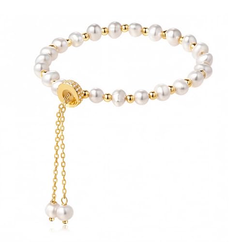 Cowlyn Pearl Bracelet Chain Link Baroque Culture Bossimi 14K Gold Filled Adjustable Fashion Valentine Charm Dainty Handmade Jewelry for Women Wife Mother