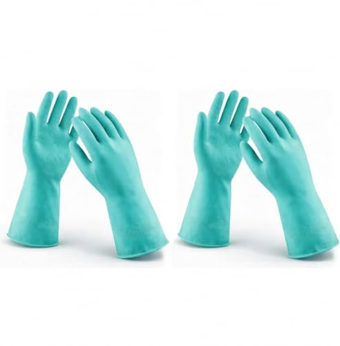 Image of LADWA Premium Rubber Cleaning Gloves, Green Color Reusable Waterproof Household Gloves for Kitchen Cleaning, Dishwashing, Gardening and Bathroom Use with Comfortable Fit (Pack of 2 Pairs)
