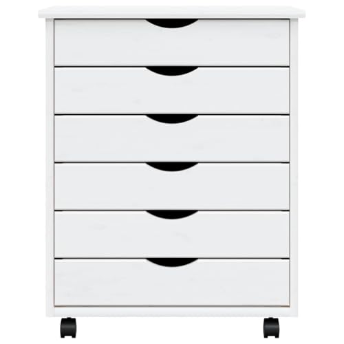 Meuble pin massif blanc gain de place à 6 tiroirs sur roulettes