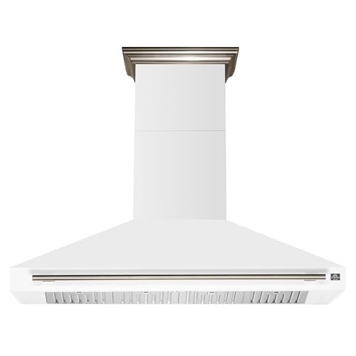 FORNO Aria 60' Convertible Wall Mount Range Hood, 1200 CFM – White with Antique Brass Accents – Stainless Steel – LED Lighting – Push-Button Controls – Convertible Duct – Motor – FRHWM5095-60WHT