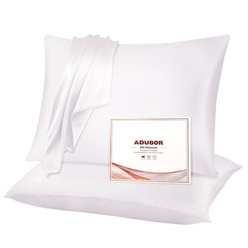 Adubor Mulberry Silk Pillowcase 2 Pack for Hair and Skin with Hidden Zipper, Both Side 23 Momme Silk,900 Thread Count (50x75CM, White)