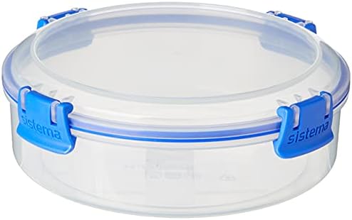 Sistema 1380 KLIP IT Round Food Storage Container with Straining Basket, Clips, 1 Litre, Transparent/Blue, 1 L