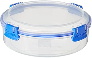 Sistema 1380 KLIP IT Round Food Storage Container with Straining Basket, Clips, 1 Litre, Transparent/Blue, 1 L