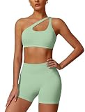 Picture of ABOCIW Workout Sets for Women 2 Piece Seamless High Waist Scrunch Butt Lifting Gym Shorts Cutout One Shoulder Sports Bra Yoga Outfits Seamless Palm Green L