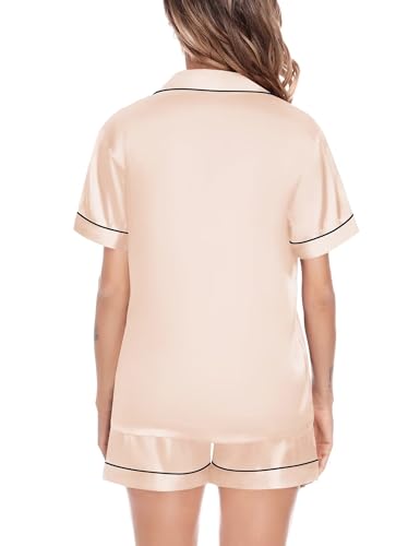 Image of SWOMOG Satin Matching Pajamas Sets Couple Silk Button Down Nightwear Women & Men Short Sleeve Sleepwear 2 Pieces Loungewear