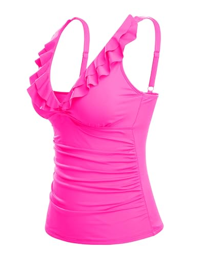 Image of Ruffle V Neck Tankini Top Only Women Tummy Control Swimsuit Tank Top | Removable cups for custom bust lift, Blend soft spandex to stretch easily