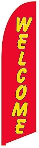Vispronet Welcome Feather Flag – 2.6ft x 11.2ft Red & Yellow Swooper Flag, Large Business Welcome Banner for Businesses & Stores, Weather-Resistant Knitted Polyester, Printed in the USA, Flag Only