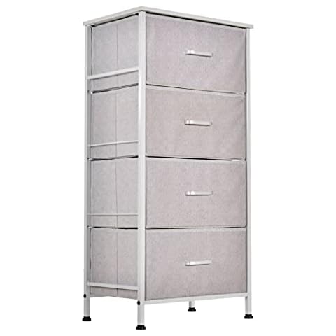 TMEE Chest of Drawers, Fabric Storage Dresser Tall Organizer Unit with 4 Easy Pull Drawers and Wooden Tabletop, for Bedroom Living Room Hallway, White and Light Grey Cover