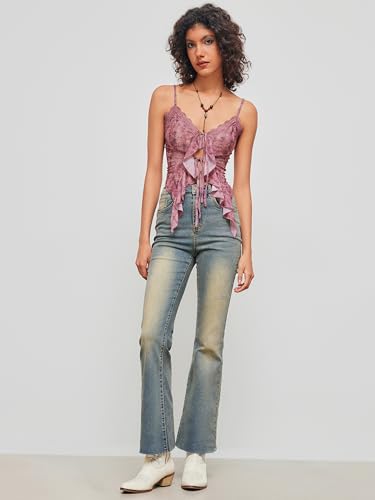 Image of CIDER Going Out Tops for Women Y2K Tie Front Lace Cowgirl Crop Tops | Asymmetrical Ruffle Hem, Spaghetti Strap, Country Concert, Western, Summer Outfits