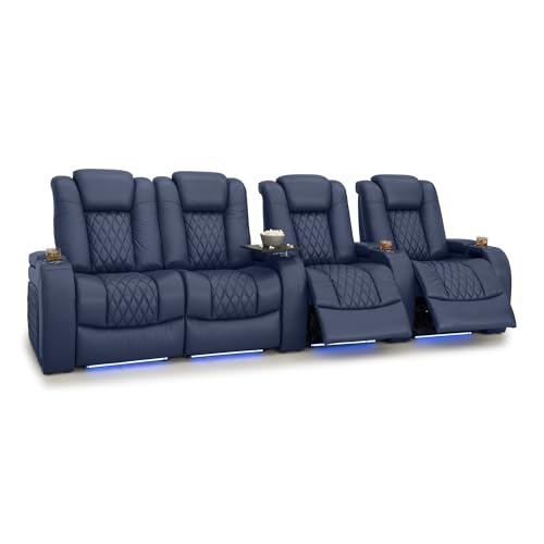 Image of Seatcraft Diamante Navy Blue Italian Leather Home Theater Seating, Zero Gravity Power Recliner, Gaming and Home Office Chair, Powered Headrest Furniture for Cinema Room, Row of 4 Left Loveseats