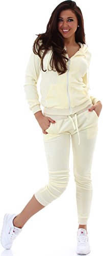 Jela London - Conjunto de chándal para mujer, traje para entrenamiento velours terciopelo, set de chaqueta y pantalón (34/36/38/40) amarillo M
