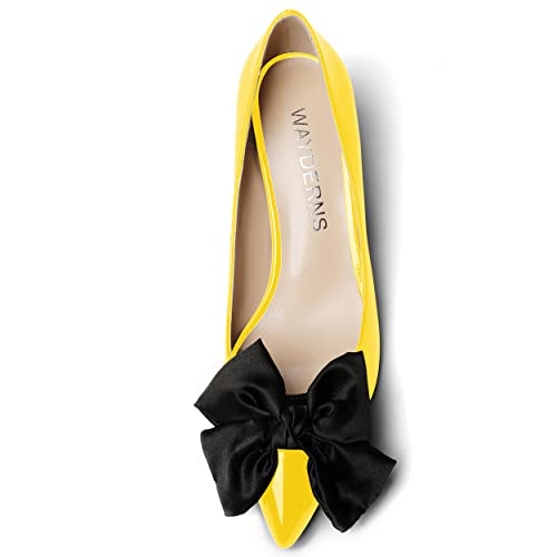 WAYDERNS Women's Slip On Pointed Toe Patent Bow Decoration Chunky Low Heel Pumps Shoes 2 Inch3