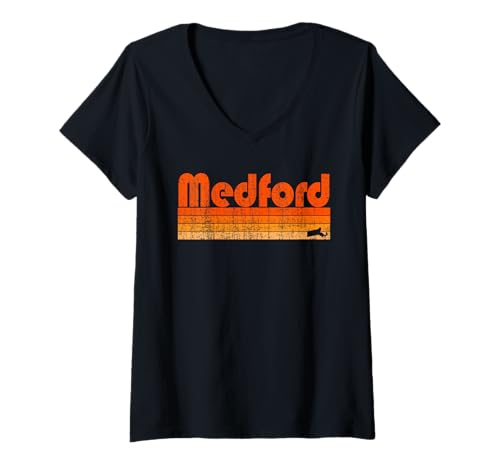 Womens Medford, Massachusetts Retro 80s Style V-Neck T-Shirt