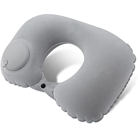 Altsuceser Inflatable Travel Pillow, Built-in Pump Neck Pillow, U Shape Pillow for Sleep Rest, Traveling, Airplane Travel Pillow Support Design for Car Sleeping Light Grey Cover