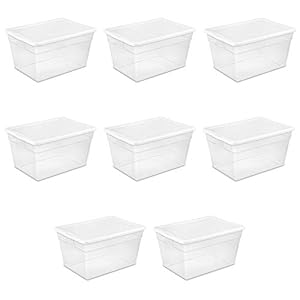 Sterilite 16598008 56 Quart/53 Liter Storage Box, White Lid w/ Clear Base, 8-Pack