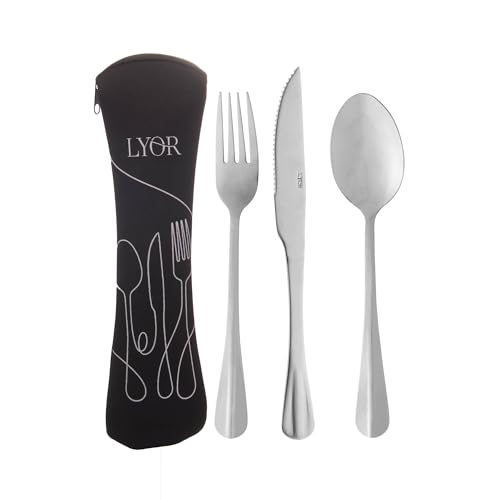 LYOR - Conjunto 4 peças Estojo de Neoprene Preto com 3 Talheres Positano Aço Inox