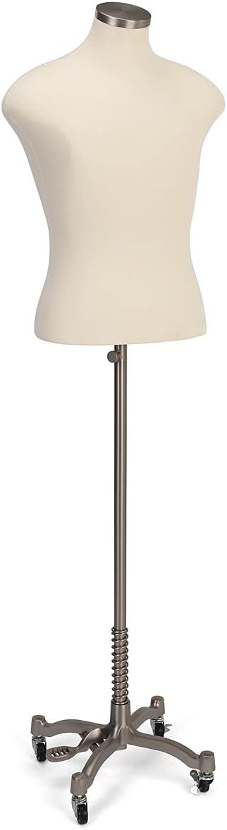 Displays2go Fabric Male Mannequin Bust, Rolling Casters, Height Adjustable Stand - Ivory (SMMDFSB)