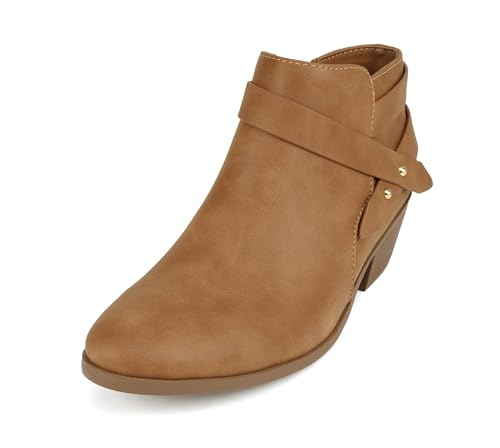 Soda SWEETEN Women's Fashion Closed Toe Multi Strap Ankle Bootie Block Heel (Tan Nubuck, wide numeric_7) - Thumbnail 2