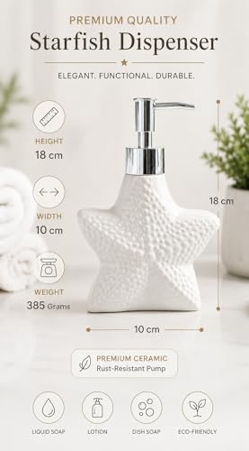 Image of Whizzo Ceramic Starfish Design Liquid Soap Dispenser for Bathroom & Kitchen - Premium Ocean Theme Lotion Bottle with Chrome Pump, White Finish (420ML, LD-212, Design 1)