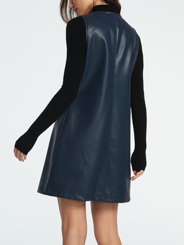 Women Faux Leather Mini Dress Sleeveless V Neck Button Down Pinafore Dress2
