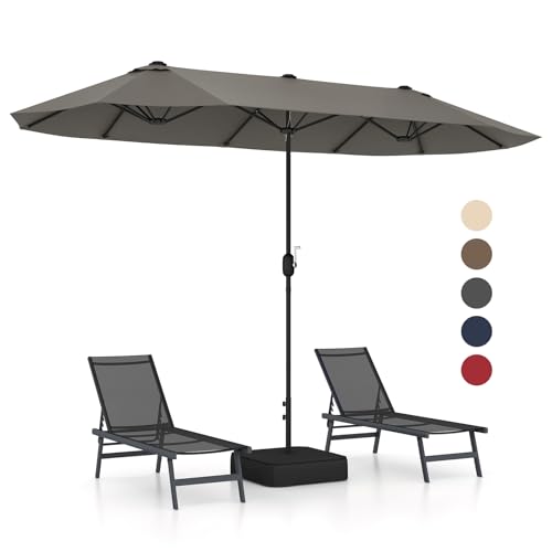 GOPLUS Parasol Double Face de Jardin Exterieur avec Manivelle et Ventilation, 4M pour 6 Personnes - Idéal pour Marché, Piscine, Terrasse, Balcon (Gris)