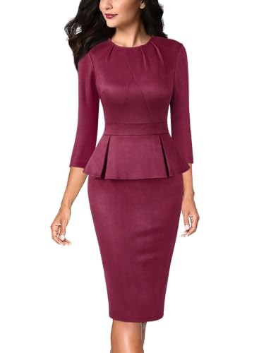 Image of VFSHOW Womens Pleated Crew Neck Peplum Slim Work Business Bodycon Dress | 3 /4 Sleeves, Professional Elegant Church, Funeral, Spring Fall, Fitted Office Pencil Sheath Dress