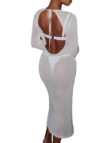 Womens Sexy Crochet Sheer Cocktail Maxi Dress Boho Elegant Flowy Tie Backless Long Sleeve Beach Swimsuit Coverup Spring 2026
