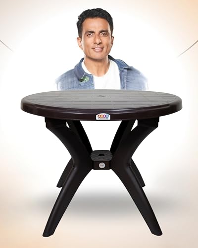 Image of AVRO Furniture Alfa Plastic Round Dining Table, 4 Seater, Contemporary Design, Indoor & Outdoor Use, Lightweight, Easy to Clean, 100 Kg Capacity, 95x95x73.5 cm, Brown
