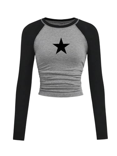 SOLY HUX Girl's Graphic Tees Y2k Color Block Star Long Sleeve Crewneck Ruched T Shirt Slim Fitted Tops