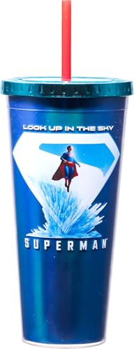 Spoontiques Superman Legacy Foil Cup - 20oz Acrylic Foil Cup with Straw - Metallic Locking Lid - Double Wall Insulated and BPA Free