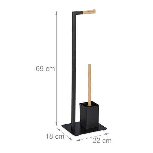 Image of Relaxdays Toilet Brush Set Bamboo Stainless Steel Standing Toilet Paper Holder Black /Natural