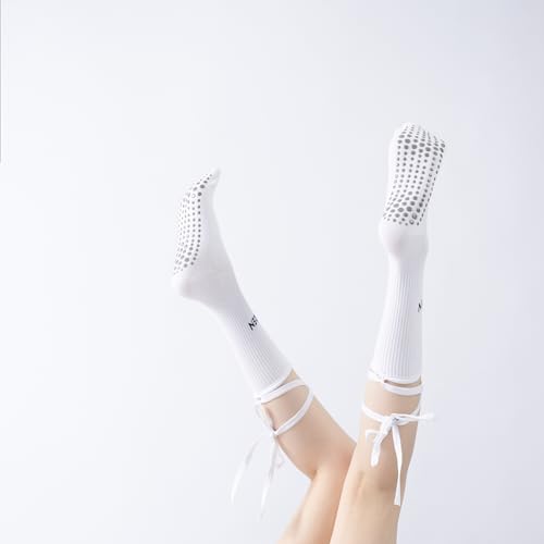 Yoga Pilates Socks with Grips for Women Non Slip Colorful Tie-up Socks Cushioned Crew Lace-up for Barre Ballet Dance (One Size, White)