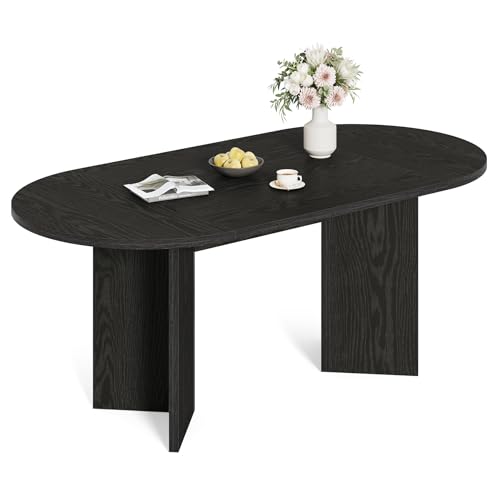 LITTLE TREE 63" Rustic Oval Dining Table for 4-6, Sturdy MDF Farmhouse Kitchen Table with Metal Strip Base, for Living Room, Office, Restaurant, Multi-Use, Black by LITTLE TREE - Image 5